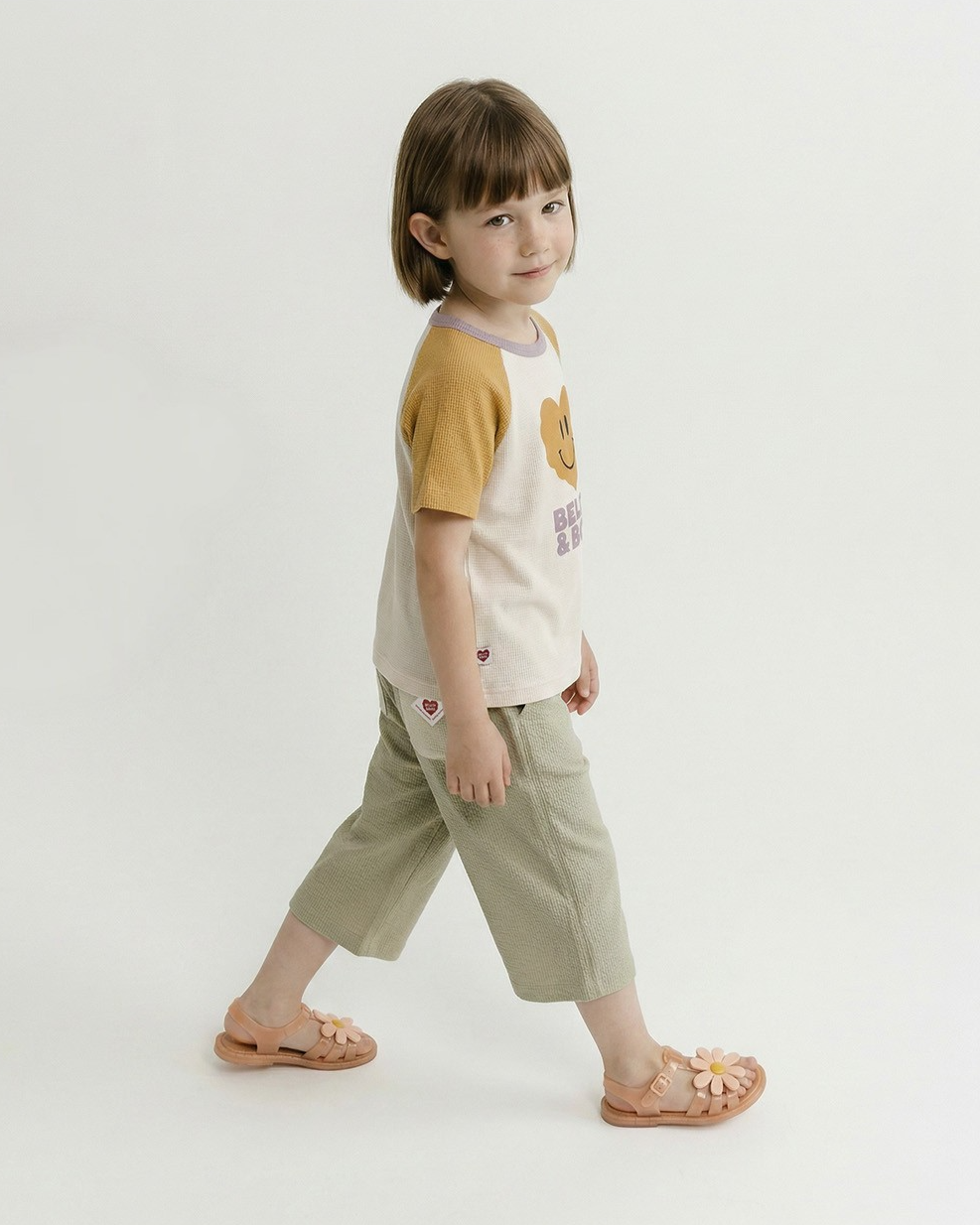 Light Beige BB Heart Color Block Polysucker Crop Pants
