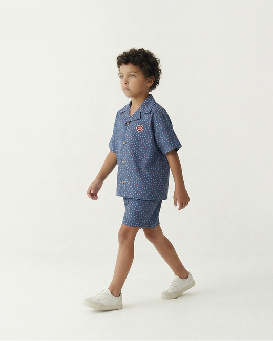 [SET] Blue BB Heart All-Over Denim Shirt & Shorts