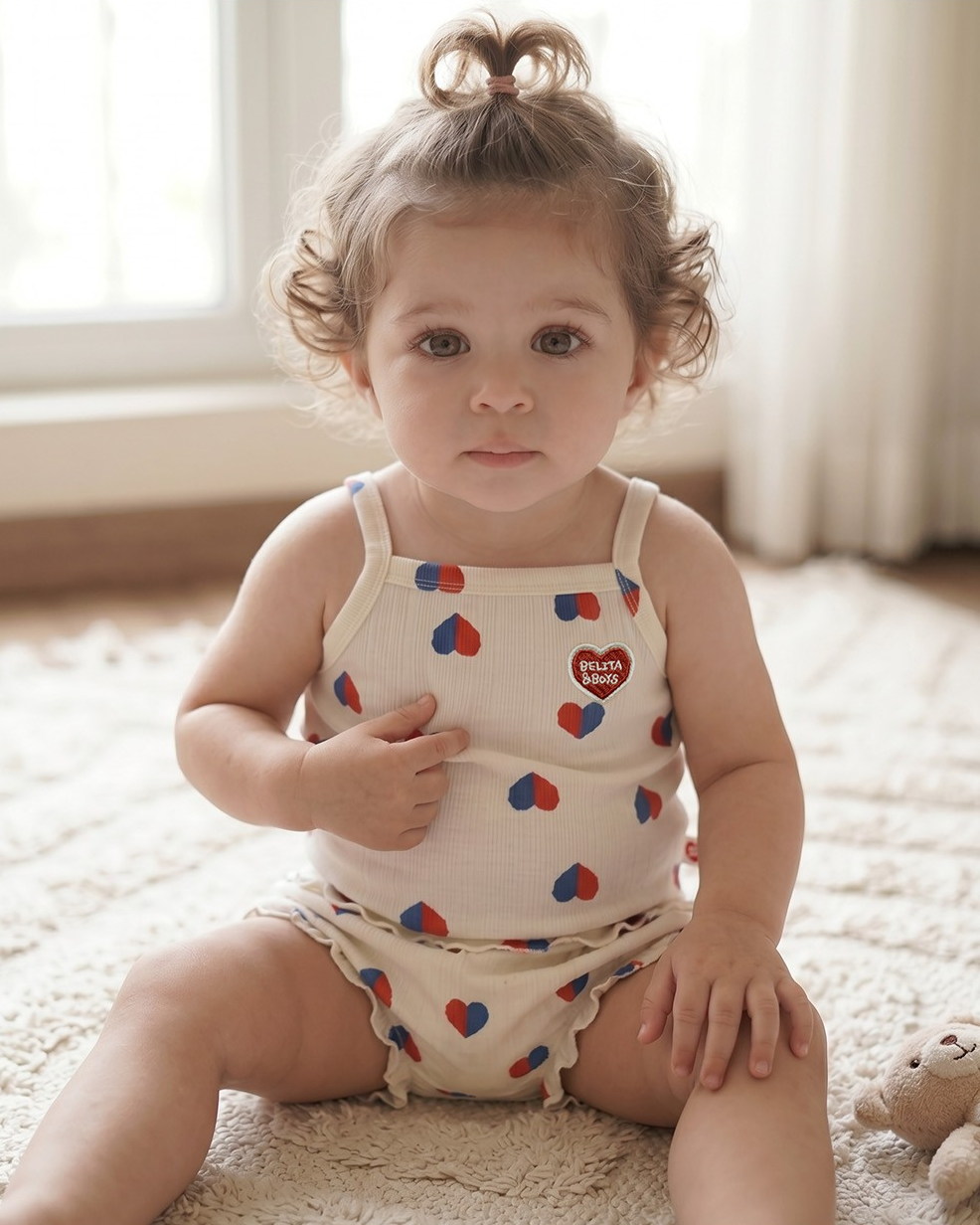 [BABY GIRL SET] Ivory Red Blue Heart Pattern Sleeveless Shorts