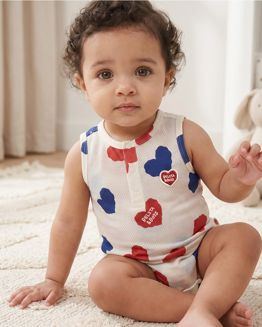 BABY Ivory Red Blue Heart Pattern Mesh Sleeveless Bodysuit
