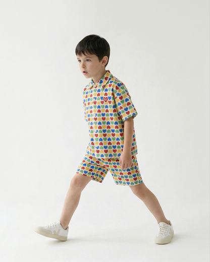 [SET] Cream Rainbow Heart Polysucker Shirt & Shorts