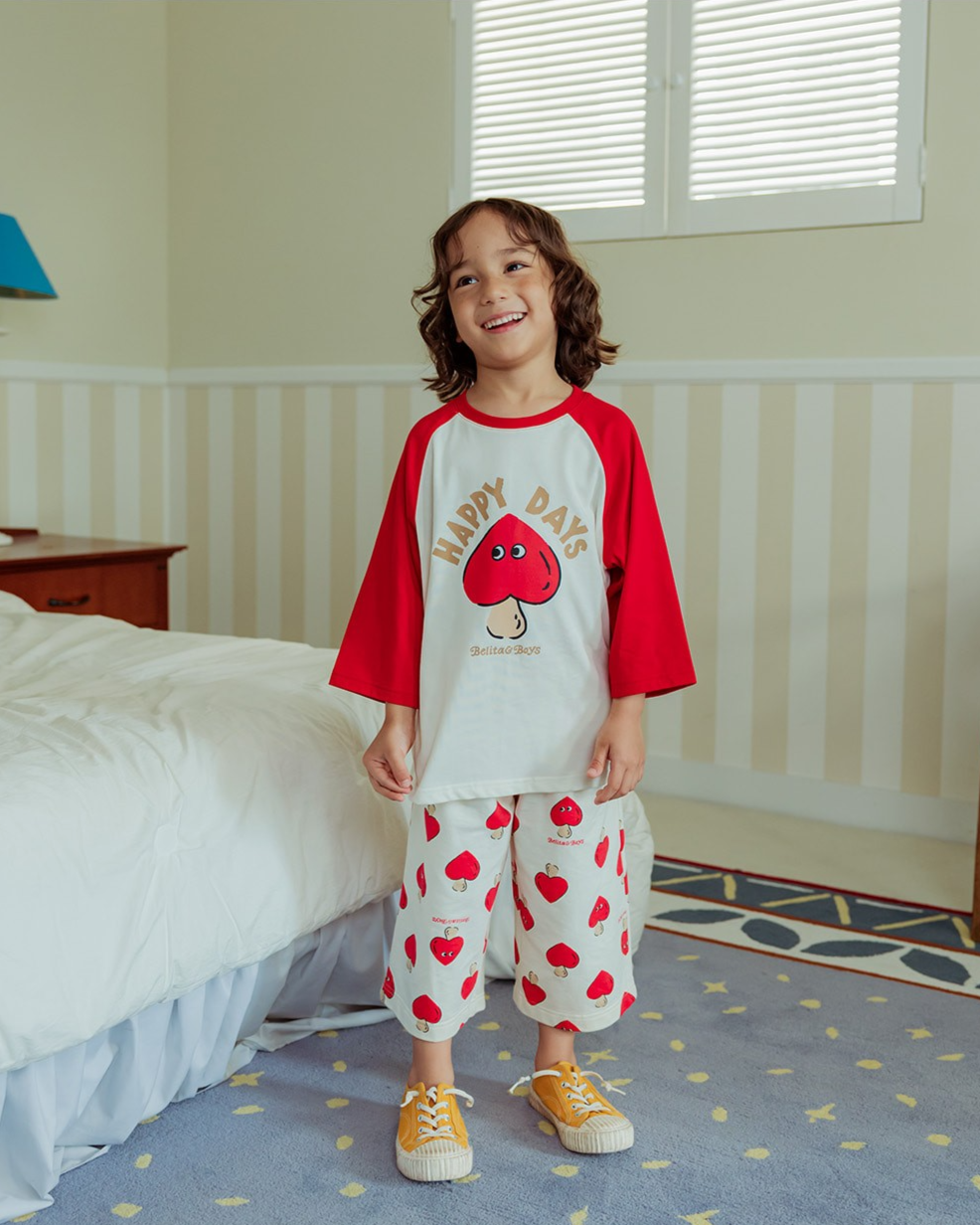 Red Mushroom Color Block Raglan Mid Sleeve