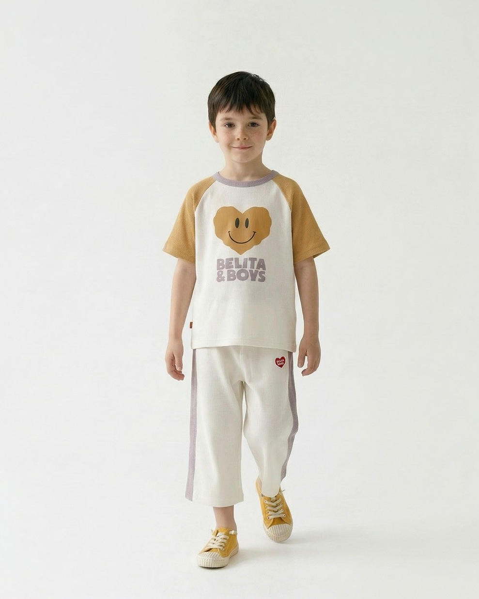 Cream BB Heart Side Line Waffle Crop Pants