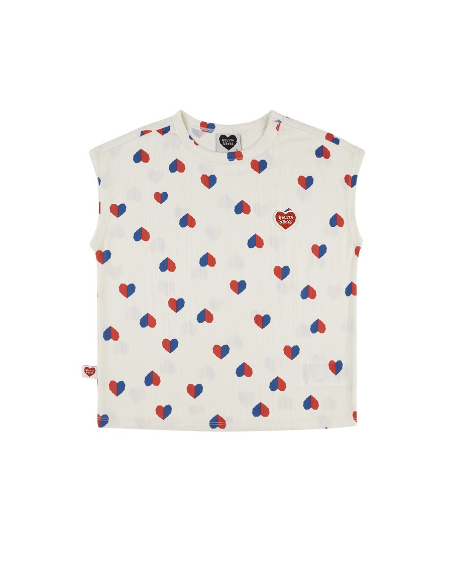Ivory Red Blue Heart Pattern Short Sleeve