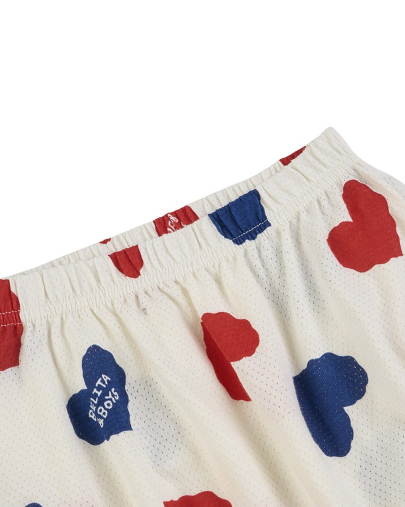 [BABY SET] Ivory Red Blue Heart Pattern Mesh Sleeveless Shorts