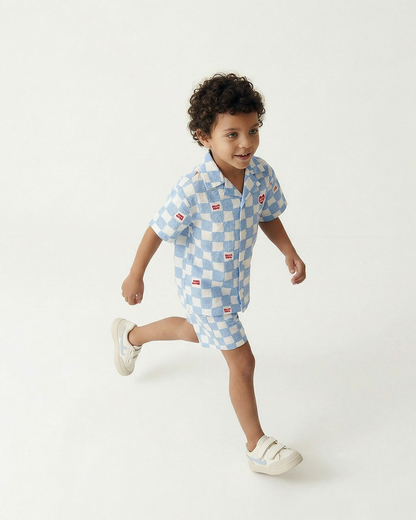 [SET] Light Blue Checkerboard Polysucker Shirt & Shorts