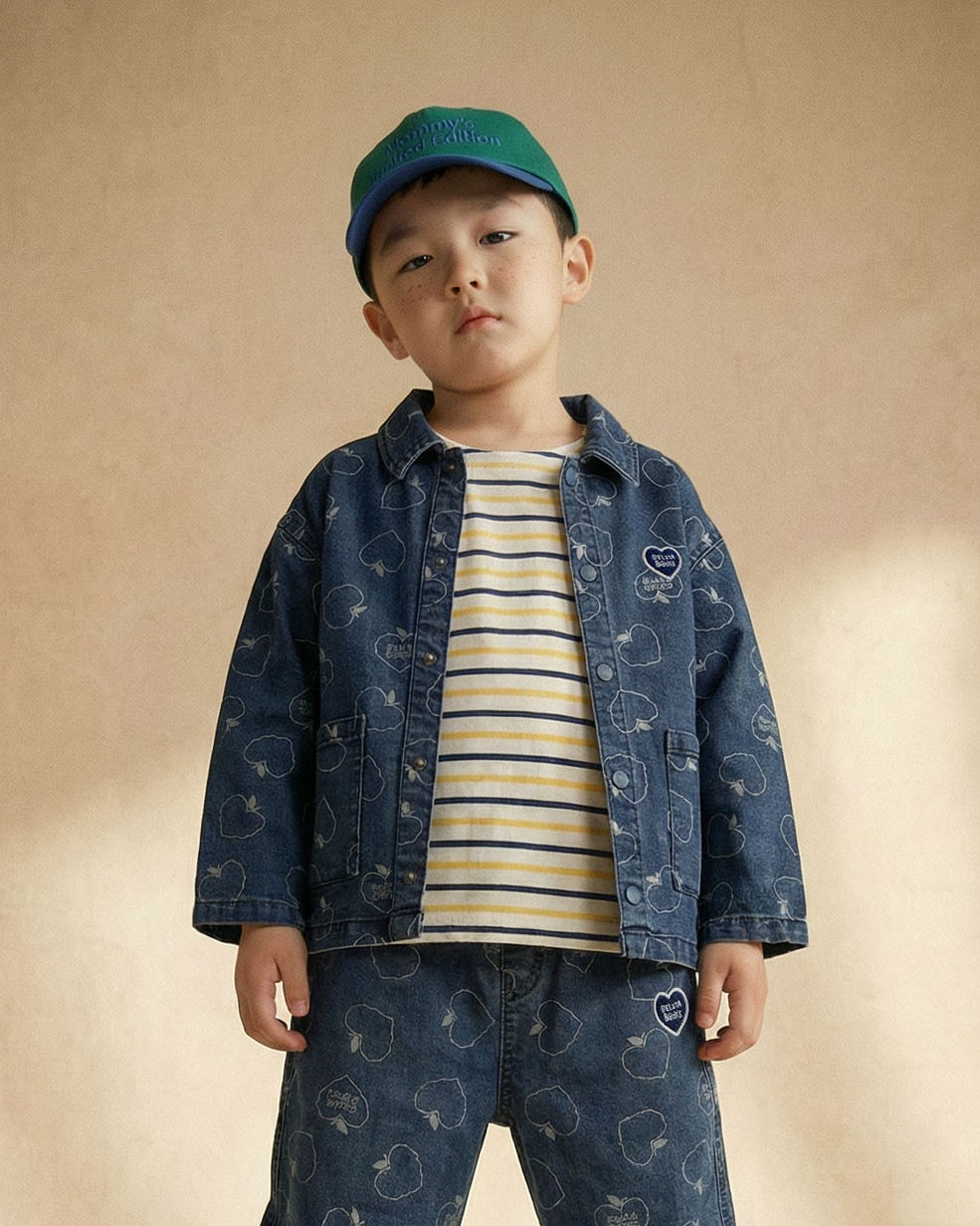 Blue Bubble Apple Pattern Denim Jacket