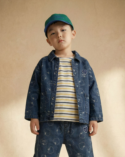 Blue Bubble Apple Pattern Denim Jacket