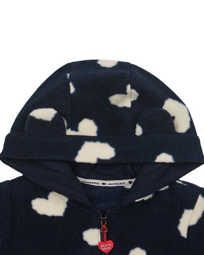 BABY Navy BB Heart Pattern Fleece Hooded Jumpsuit