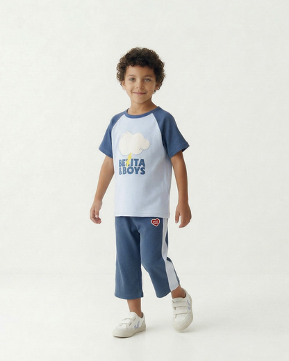 Light Blue Cloud Color Block Waffle Short Sleeve