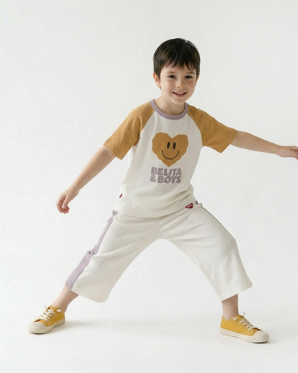 Cream BB Heart Side Line Waffle Crop Pants