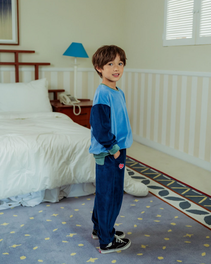 [SET] Light Blue BB Heart Color Block Velour Jogger