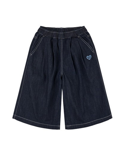 Navy BB Heart Two-Pleat Wide Denim Bermuda Pants