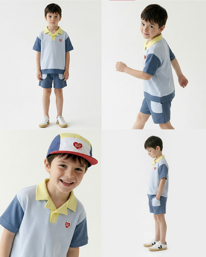 Light Blue BB Heart Color Block Waffle Collar Shirt