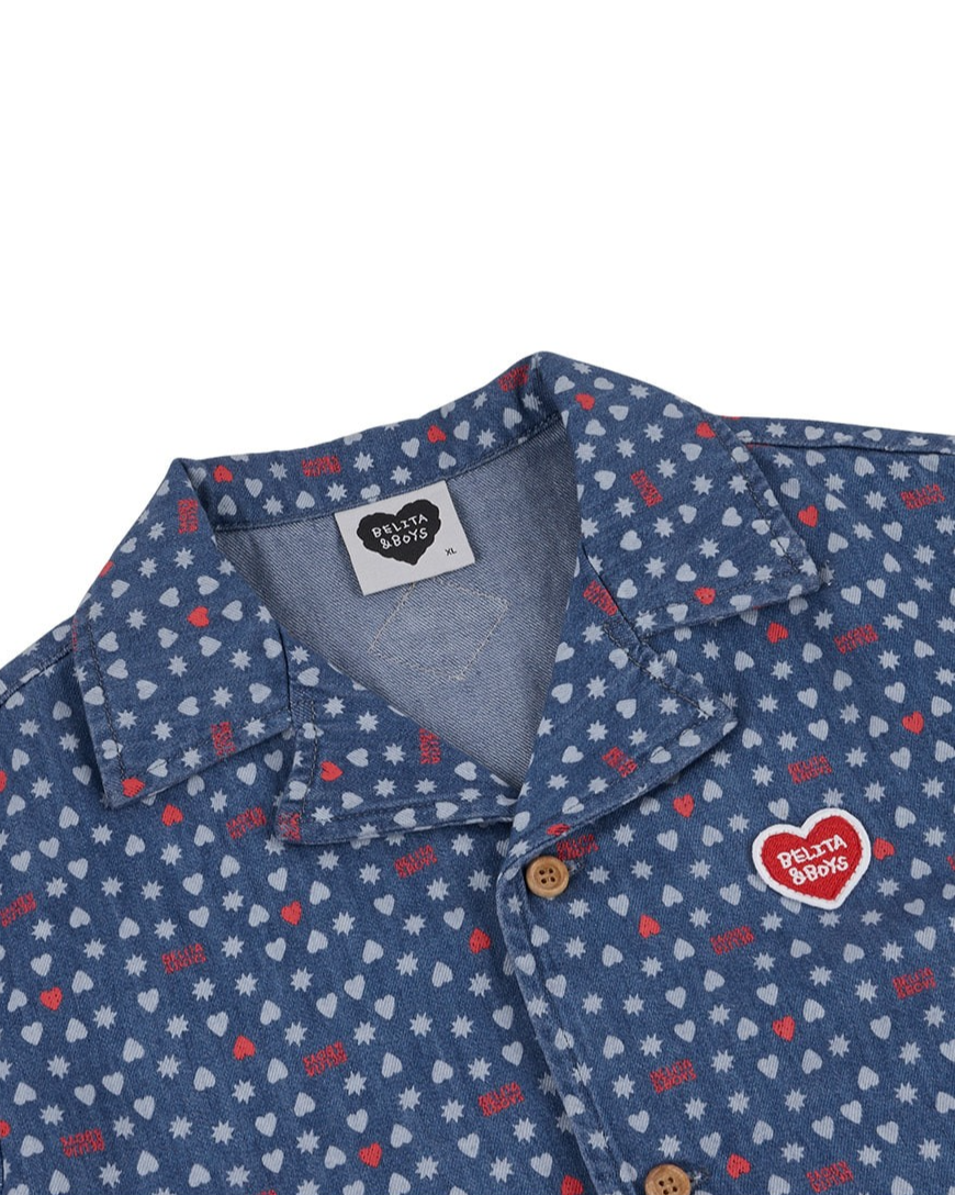 [SET] Blue BB Heart All-Over Denim Shirt & Shorts