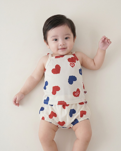[BABY SET] Ivory Red Blue Heart Pattern Mesh Sleeveless Shorts