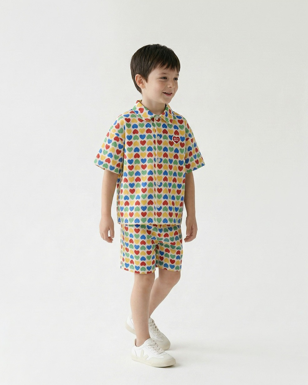 [SET] Cream Rainbow Heart Polysucker Shirt & Shorts