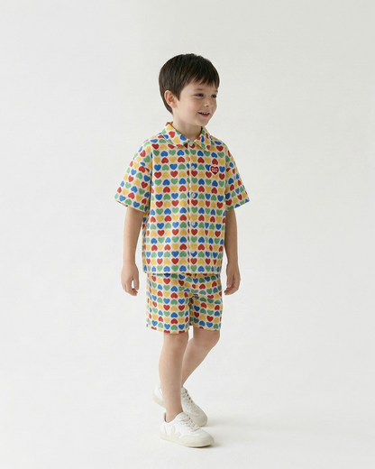 [SET] Cream Rainbow Heart Polysucker Shirt & Shorts