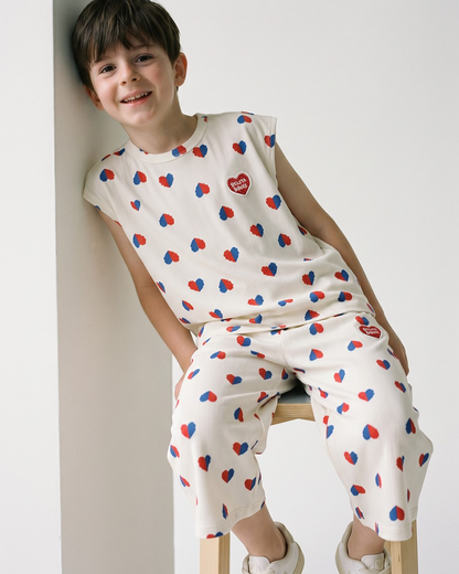 Ivory Red Blue Heart Pattern Short Sleeve