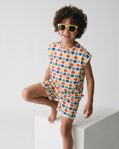 [SET] Cream Rainbow Heart Mesh Sleeveless Shorts