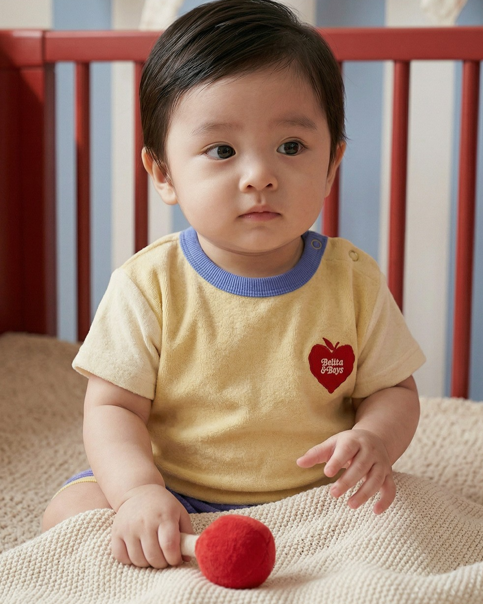 [BABY SET] Yellow Bubble Apple Color Block Terry Shorts
