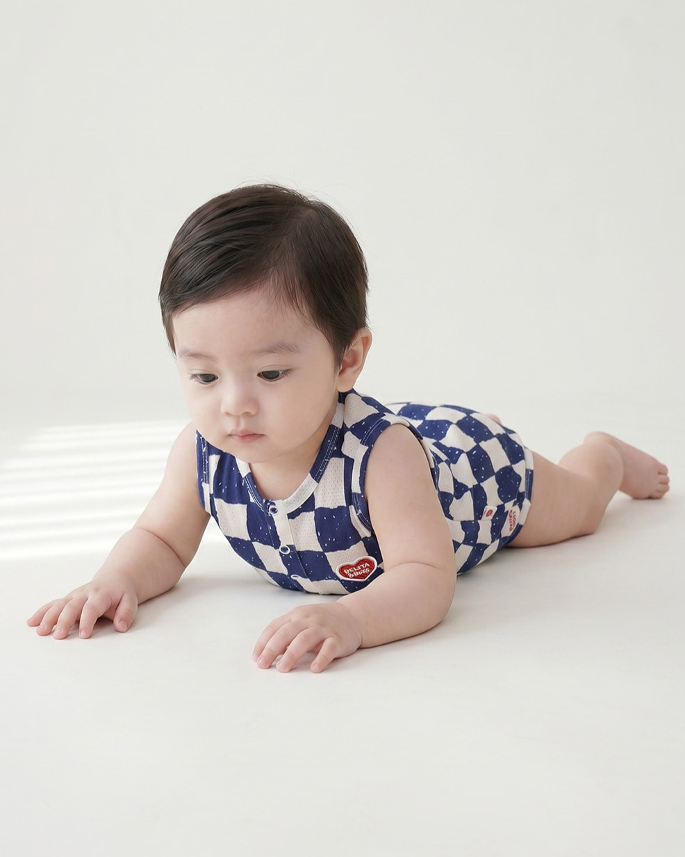 BABY Blue Checkerboard Mesh Sleeveless Bodysuit