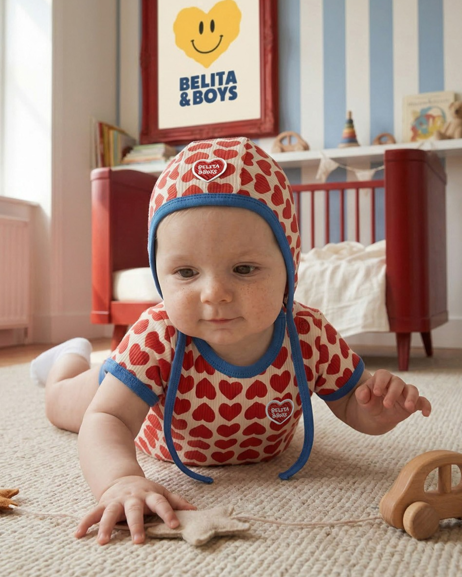 BABY Red BB Heart Pattern Bonnet