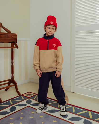 [SET] Beige BB Heart Color Block Fleece Half Zip up Jogger