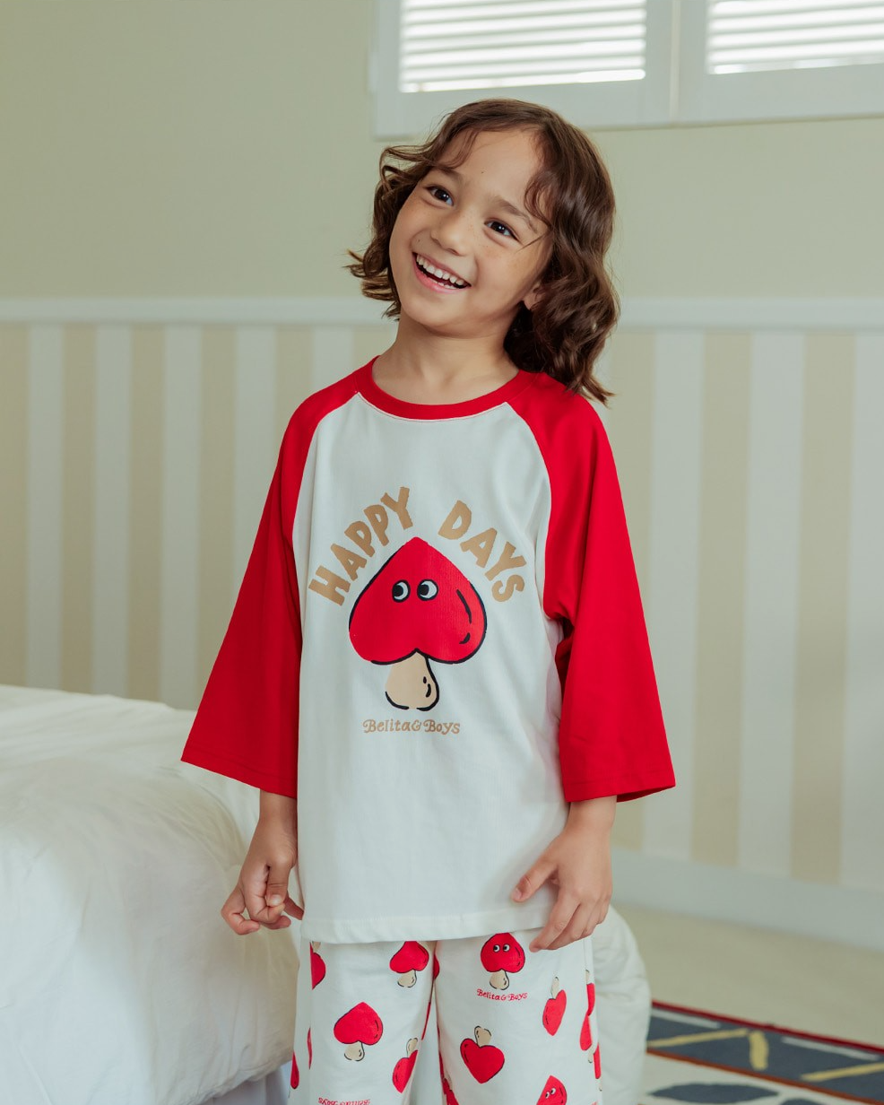 Red Mushroom Color Block Raglan Mid Sleeve