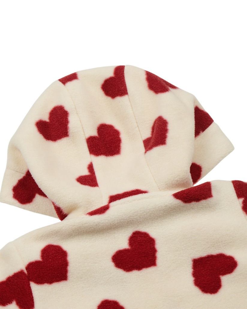 BABY Red BB Heart Pattern Fleece Hooded Jumpsuit
