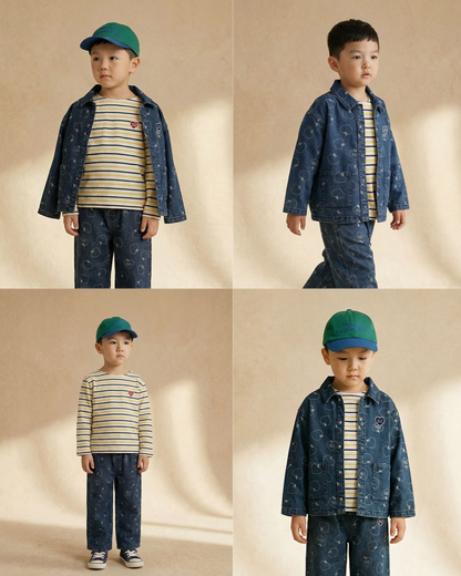 Blue Bubble Apple Pattern Denim Jacket