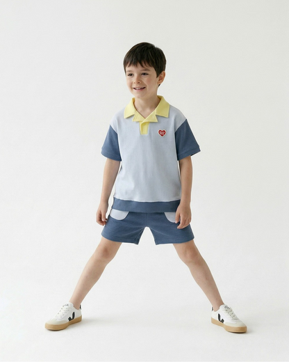 Blue BB Heart Pocket Color Block Waffle Shorts