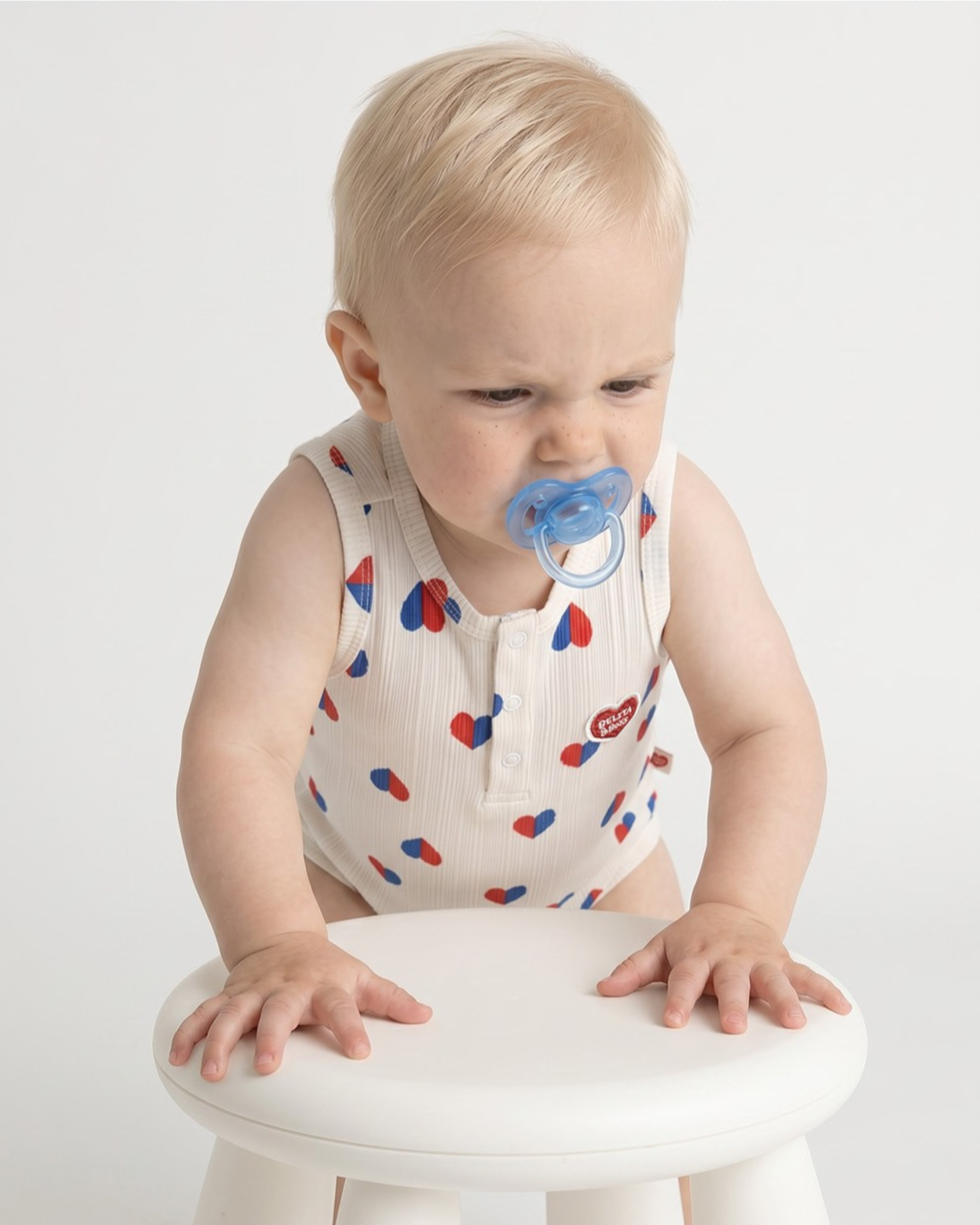 BABY Ivory Red Blue Heart Pattern Sleeveless Bodysuit