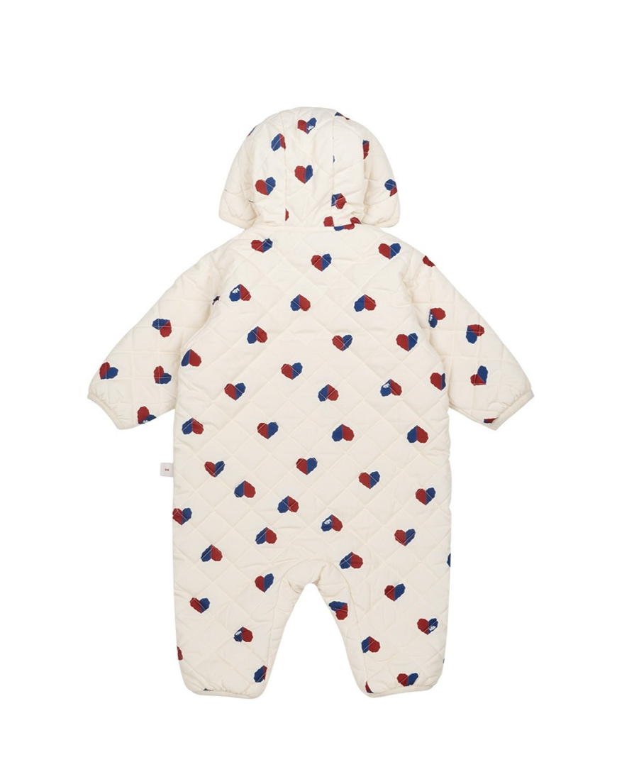 BABY Cream Red Blue Heart Quilted Hooded Jumpsuit