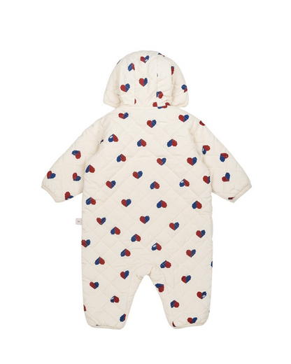 BABY Cream Red Blue Heart Quilted Hooded Jumpsuit