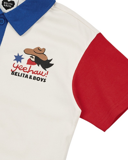 [SET] Cream Cowboy Color Block Collar Shirt & Shorts