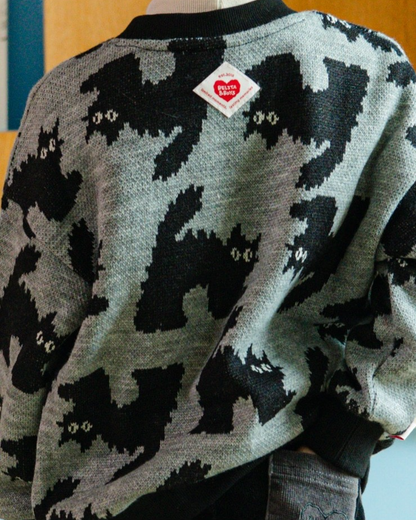 Grey Cat Pattern Knit Cardigan