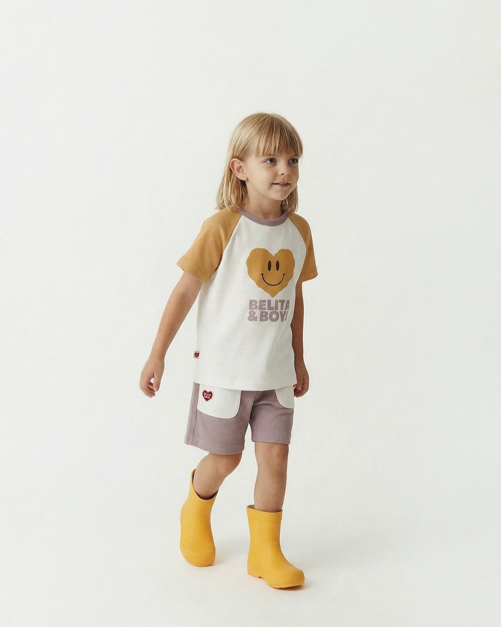 Cream Smile Heart Color Block Waffle Short Sleeve