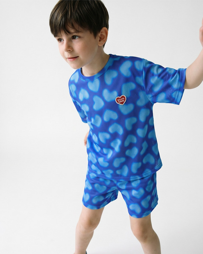 [SET] Blue Water Dye Heart Pattern Mesh Shorts