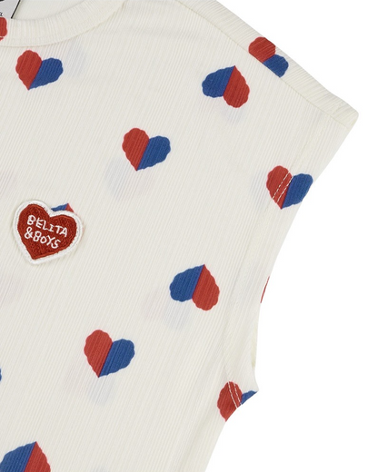 Ivory Red Blue Heart Pattern Short Sleeve