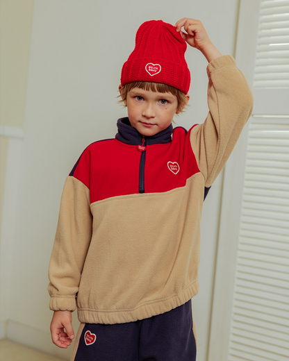 [SET] Beige BB Heart Color Block Fleece Half Zip up Jogger