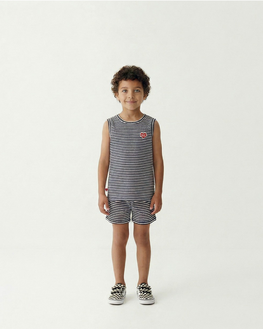 [SET] Navy BB Heart Stripe Sleeveless Shorts