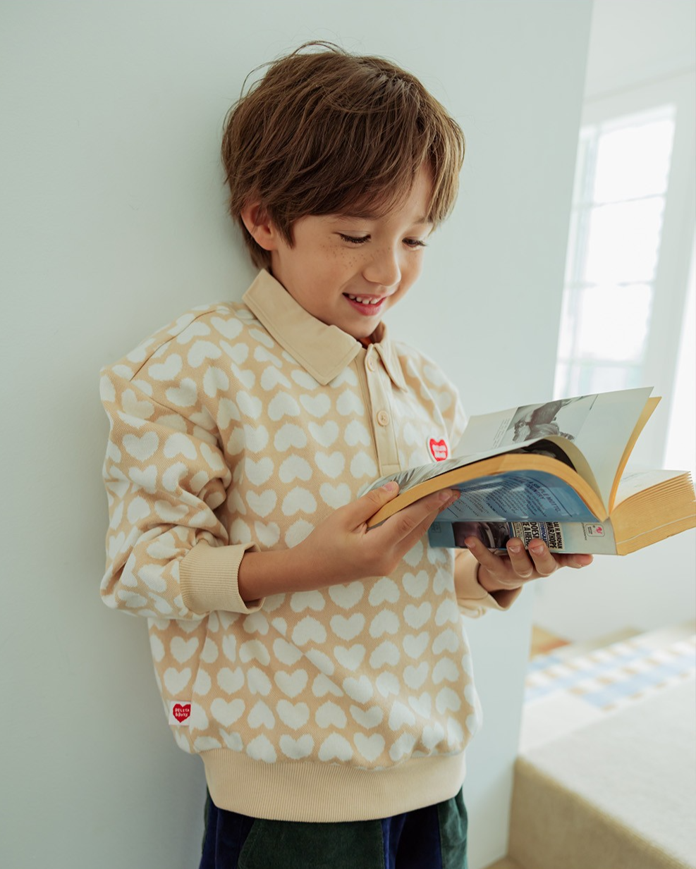 Beige Grid BB Heart Pattern Collar Knit Sweater