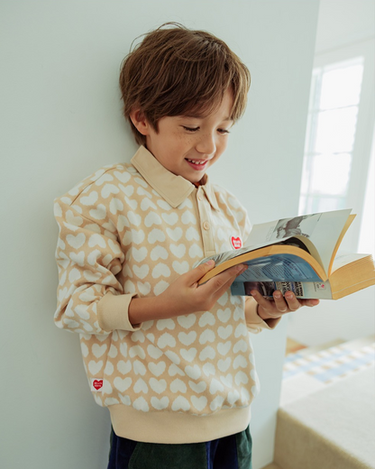 Beige Grid BB Heart Pattern Collar Knit Sweater