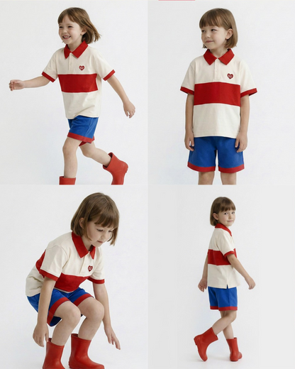 Red BB Heart Color Block Collar Shirt