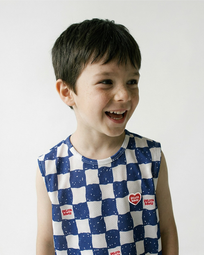 [SET] Blue Checkerboard Mesh Sleeveless Crop