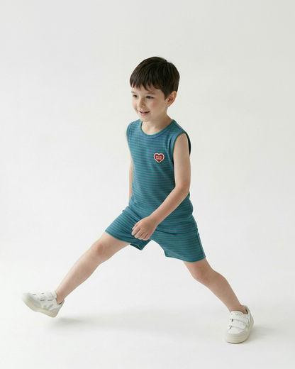 [SET] Green BB Heart Stripe Sleeveless Shorts