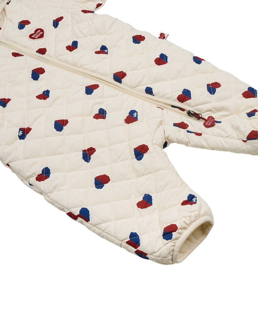 BABY Cream Red Blue Heart Quilted Hooded Jumpsuit