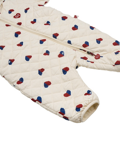 BABY Cream Red Blue Heart Quilted Hooded Jumpsuit