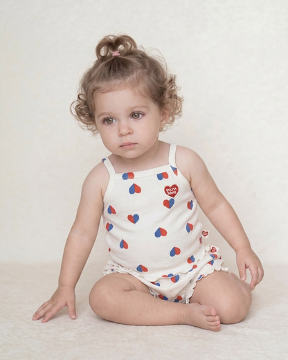 [BABY GIRL SET] Ivory Red Blue Heart Pattern Sleeveless Shorts